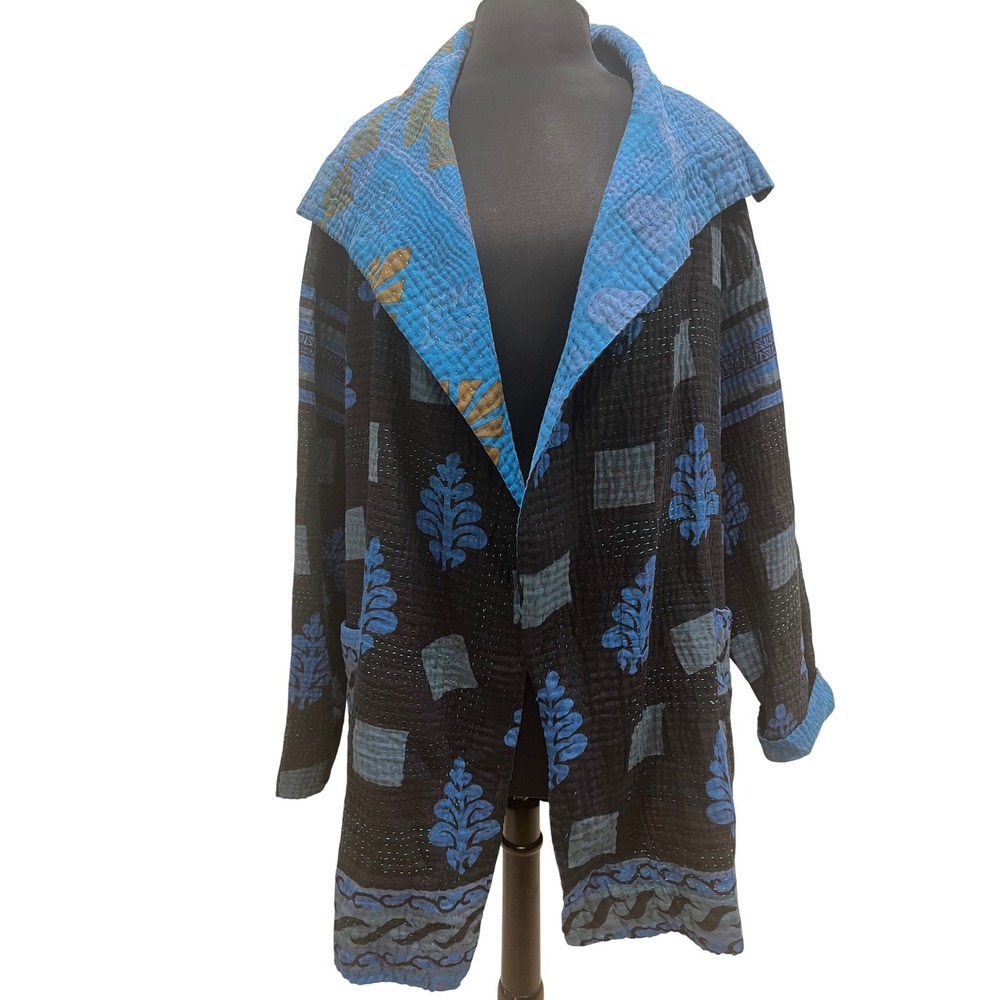 Mieko Mintz Reversible Kantha Jacket Blue Black Hand Stitched Quilted Coat Sz 2
